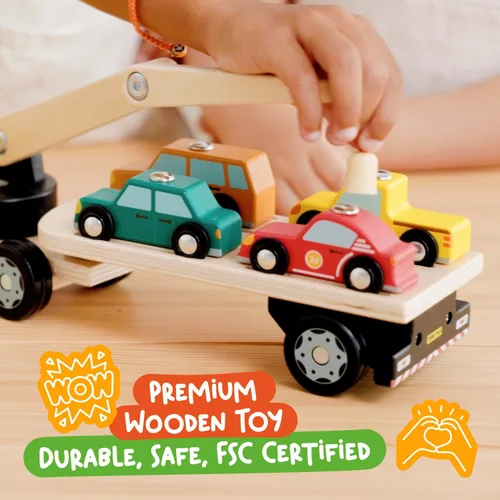 Miniatura 5 de Nene Toys Cargador magnético para automóvil con 4 autos y 1 camión de madera semirremolque para niños de 2 años en adelante, juguete interactivo