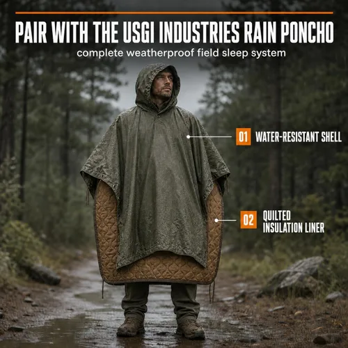 Miniatura 7 de USGI Industries Manta militar Woobie Manta de campamento con aislamiento térmico, forro de poncho Grande, portátil, aislante, resistente al De