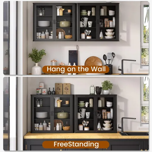 Miniatura 5 de NEWOWNDS Gabinete de Almacenamiento de Pared con Vitrina de Vidrio Templado Negro, Gabinete de Pared para Baño, Gabinete Montado en la Pared