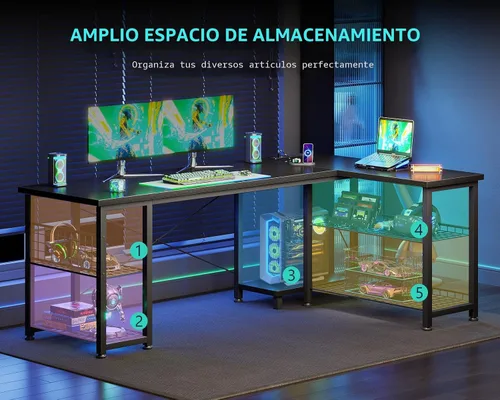 Miniatura 6 de Casaottima Escritorio para juegos en forma de L de 51 pulgadas con estantes y tomas de corriente, escritorio reversible para computadora