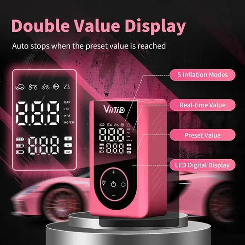 Miniatura 2 de Vinid Compresor de aire inalámbrico, inflador de neumáticos portátil de 75 W con medidor de presión digital, apagado automático, inflado rápido