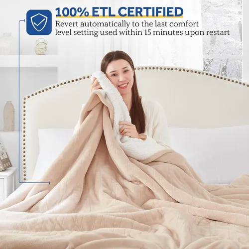 Miniatura 5 de Manta eléctrica SEALY tamaño King, manta térmica de franela y Sherpa con 10 niveles de calor y apagado automático de 1-12 horas, manta cálida