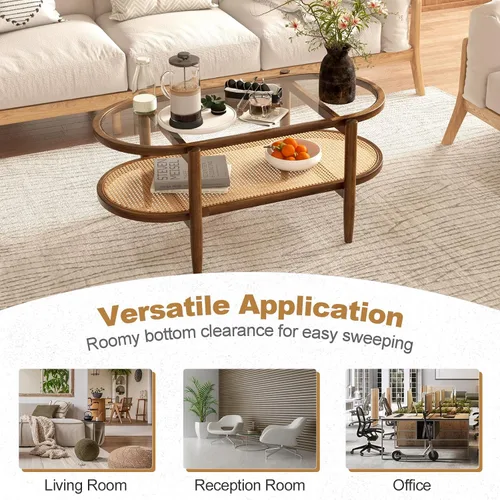 Miniatura 5 de Giantex Mesa de centro de ratán, mesa de té de madera ovalada de 2 niveles con mesa de vidrio templado y estante de almacenamiento de ratán de Negro