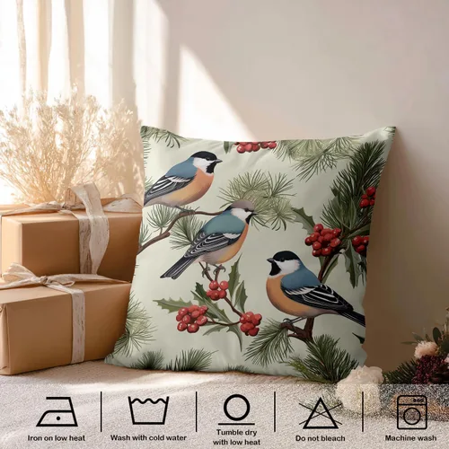 Miniatura 3 de Fundas de almohada con diseño de pinos y pájaros, bayas rojas, hojas de acebo, fondo beige, funda de cojín de mezcla digital, funda de almohada