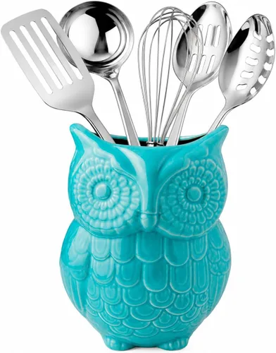Soporte para utensilios con forma de búho de Comfify. Vasija de cerámica para utensilios de cocina, organizador, en un precioso color agua. Azul
