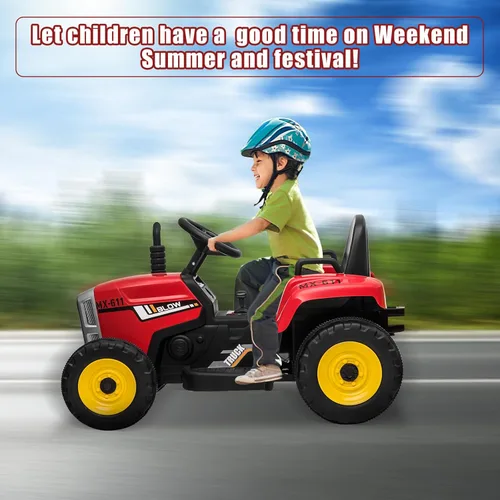 Miniatura 6 de SEHOMY Tractor de Power Wheels Rojo con Remolque, Carro Montable para Niños Pequeños con Control Remoto, 7 Faros LED, Motor Dual, Batería de 12V