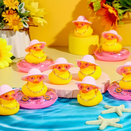 Miniatura 4 de Sotiff Mini patos de goma a granel para niños, lindo juguete de pato amarillo para salpicadero de automóvil, adornos con gafas de sol, anillo
