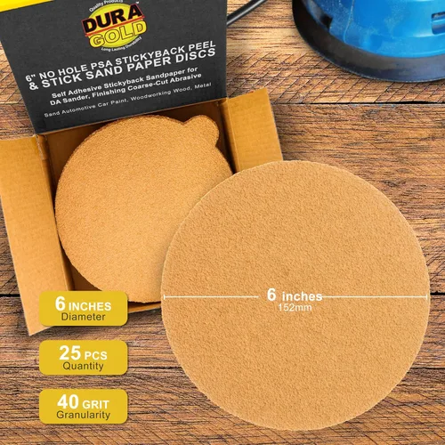 Miniatura 2 de Dura-Gold Discos de lija PSA dorados de 6 pulgadas de alta calidad, grano 40, caja de 25 unidades, papel de lija autoadhesivo para lijadora DA
