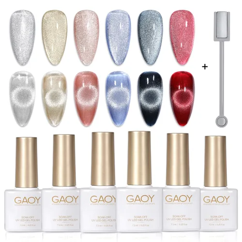 Miniatura 20 de GAOY Juego de esmaltes de uñas de gel con purpurina de ojo de gato con imán y galaxia colorida para ojos de gato holográficos, manicura de gel