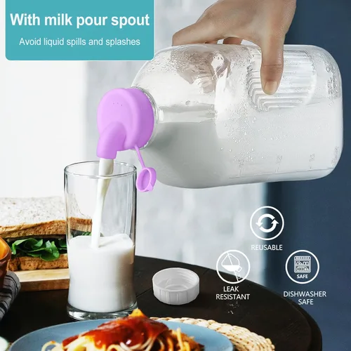 Miniatura 3 de Ritayedet Paquete de 3 Botellas de Leche de Vidrio Resistente de 64 Oz con 2 Boquillas de Silicona, 4 Asas y 4 TAPAS DE ROSCA Herméticas