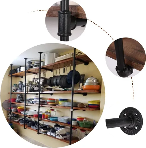 Miniatura 6 de Soporte de estante de tubo de hierro industrial para montaje en pared, estantería abierta retro, estantes de almacenamiento, estantes colgantes