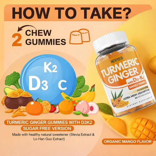 Miniatura 8 de Gomitas de Cúrcuma y Jengibre Sin Azúcar 1500mg con Vitamina D3 5000UI y K2 para Mujeres y Hombres, Gomitas de Cúrcuma y Jengibre para Adultos