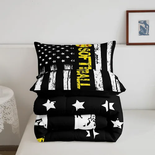 Miniatura 5 de Juego de edredón con bandera de Estados Unidos, juego de ropa de cama de béisbol y sóftbol, tamaño Queen, edredón acolchado con estrellas blancas