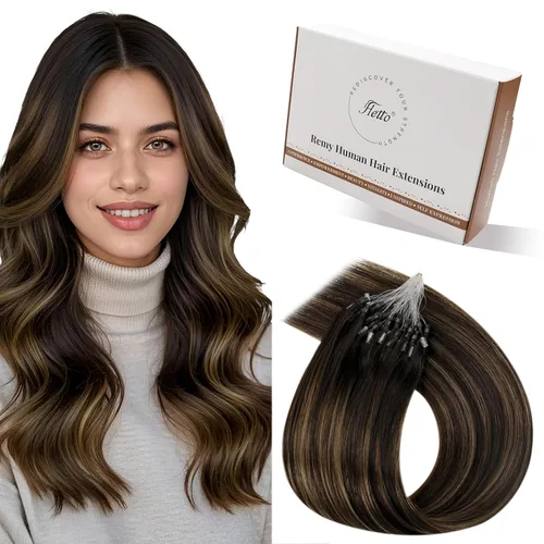 Miniatura 28 de Hetto Extensiones de cabello humano con nano cuentas, balayage, extensiones de cabello humano, color negro degradado a plateado, extensiones