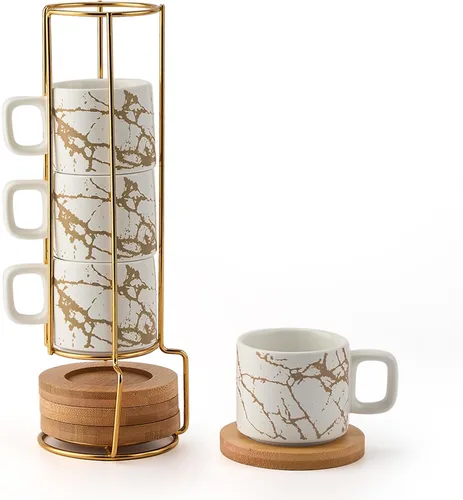Miniatura 8 de LUKA Tazas de Porcelana Apilables a Cuadros Blancos y Negros para Espresso con Platillos y Soporte de Metal, Juego de Tazas Pequeñas de Cerámica