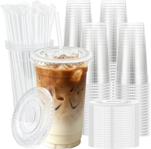 Miniatura 7 de Lamosi Paquete de 100 vasos de plástico transparente de 16 onzas con tapas y pajitas, tazas de café de plástico desechables con tapas para café