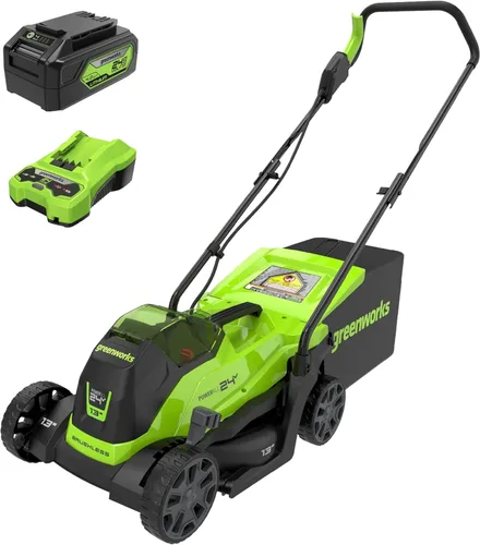 Greenworks Cortacésped inalámbrico sin escobillas de 24 V y 13 pulgadas con batería de 4.0 Ah y cargador, cortacésped de empuje sin mantenimiento