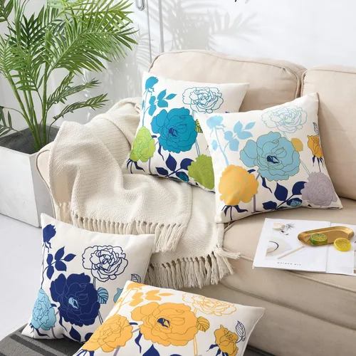 Miniatura 3 de Juego de 2 fundas de almohada de lino y algodón para sofá, 7.1 x 7.1 pulgadas, serie de pájaros y flores