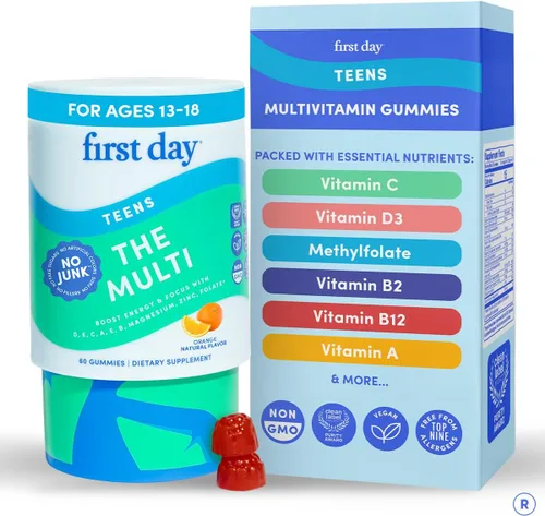 FIRST DAY Vitaminas para Adolescentes - Multivitamínico para Niñas y Niños de 12 a 17 años, Mezcla Orgánica de Frutas y Vegetales - 12 Nutrientes