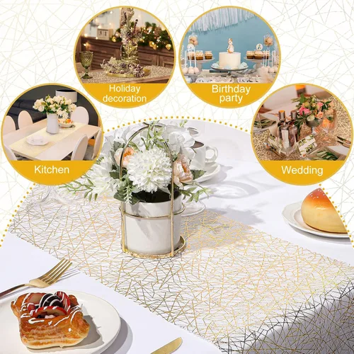 Miniatura 5 de Rollo de camino de mesa dorado de 11 pulgadas x 33 pies, camino de mesa de malla con purpurina y lentejuelas para decoración de mesas de boda