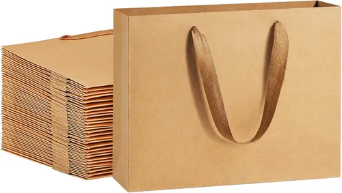 BagDream Bolsas de papel de regalo de 10.6 x 3.1 x 8.3 pulgadas, 50 bolsas de papel kraft marrón resistente con asas de tela suave, bolsas de