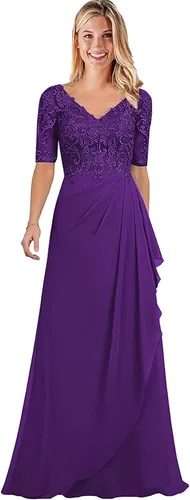 Women's V-Neck Chiffon Mother of The Bride Dresses Lace Long Ruffle Prom Dress with Half Sleeve Formal Evening Party Gowns