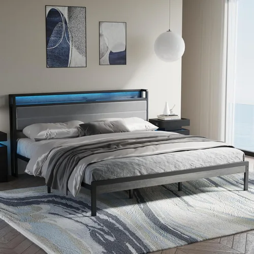 Miniatura 16 de LIKIMIO Base de cama individual con cabecera de almacenamiento y luces LED, plataforma de metal con estación de carga, sin ruido, no necesita