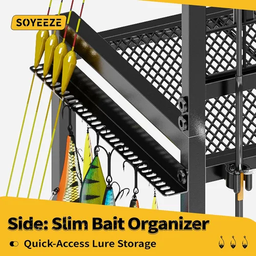 Miniatura 5 de SOYEEZE Soportes para cañas de pescar de gran tamaño para garaje, estante para cañas de pescar de servicio pesado de 3 niveles con tablero perforado