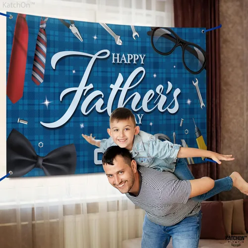 Miniatura 7 de KatchOn, Pancarta azul con texto en inglés «Happy Father's Day», extragrande, 72 x 44 pulgadas, decoración azul del día del padre para fiesta, telón