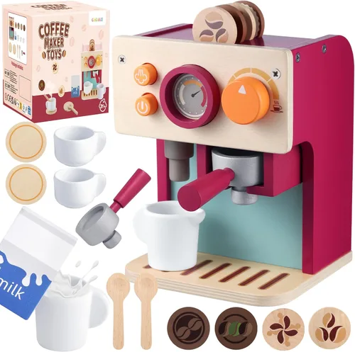 GAGAKU Máquina de café de madera para niños pequeños, juguetes de aprendizaje Montessori para niñas y niños de 3, 4, 5 años, accesorios de cocina