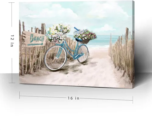 Miniatura 2 de Lienzo de playa para baño, imágenes del océano, impresión de lienzo de bicicleta junto al mar, pintura enmarcada de paisaje marino, verde azulado