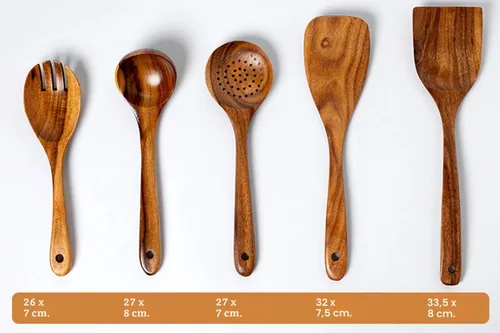 Miniatura 6 de Juego de utensilios de cocina de madera, 5 cucharas de madera de acacia natural para cocinar para sartén antiadherente, juego de utensilios