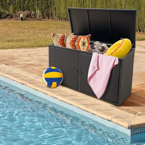 Miniatura 2 de HAPPYGRILL Caja de almacenamiento de mimbre para exteriores, caja de almacenamiento de mimbre para patio, 88 galones, caja de almacenamiento