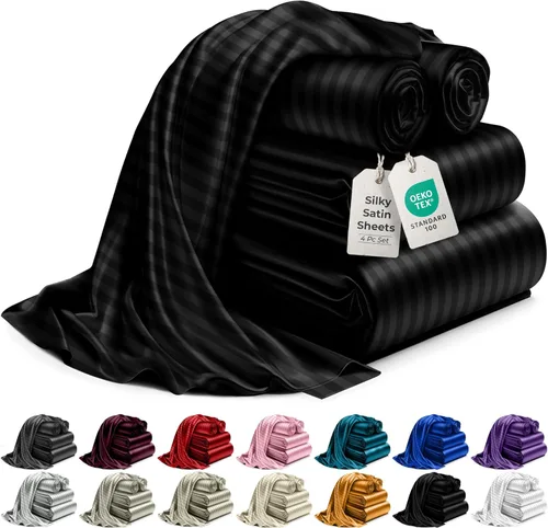 Miniatura 48 de DECOLURE Sábanas de satén para cama - Juego de 6 piezas de ropa de cama de lujo sedosa tamaño King - Más suave que la seda, sin arrugas con sábana