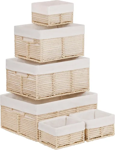 Miniatura 9 de Vagusicc Cesta de almacenamiento de mimbre, cesta de cuerda de papel tejida a mano, cesta rectangular pequeña para organizar, contenedor de Beige