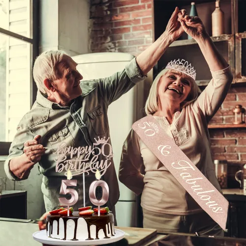 Miniatura 2 de Decoraciones de 50 cumpleaños para mujer, que incluyen banda y corona de 50 cumpleaños, adorno para pastel y velas, regalos de 50 años para mujer