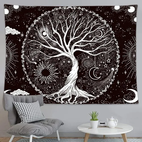 Miniatura 5 de Wonrizon Tapiz del árbol de la vida, tapiz espacial de galaxia en blanco y negro, decoración estética psicodélica para colgar en la pared para sala
