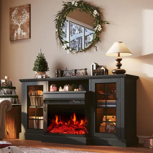 Soporte de TV con chimenea de 59 pulgadas, mesa de consola central de entretenimiento de vidrio de 3 caras para televisores de hasta 65 pulgadas con