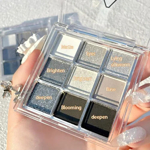 Miniatura 2 de Paleta de sombras de ojos de 9 colores negro ahumado mate con purpurina, sombra de ojos duradera impermeable para niñas y mujeres