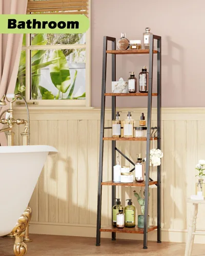 Miniatura 9 de Furologee Estantería de escalera de 5 niveles, estantería alta y estrecha con 2 ganchos, estante de esquina de baño marrón rústico, estante