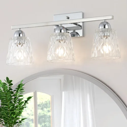 Miniatura 10 de Mecgirn Stainless Steel Bathroom Vanity Light Over Mirror, 1 Light Brushed Gold Bathroom Light Fixtures with Textured Glass Shades, Modern Vanity