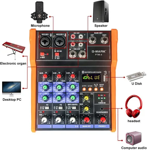 Miniatura 7 de G-MARK Mezclador Analógico de Audio 4 Canales Mezclador de Audio DJ Bluetooth Estudio Karaoke Para PC Rendimiento en Vivo KTV Efectos de Música