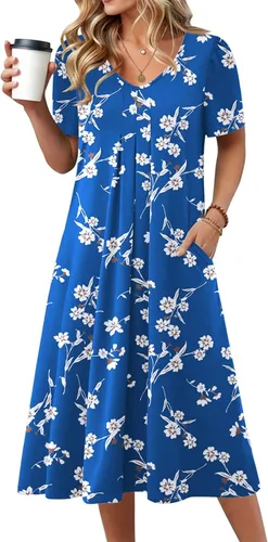 Miniatura 10 de Zeagoo Vestido de verano para mujer, casual, floral, midi, con bolsillos, cuello en V, plisado, manga corta, estilo alineado, para vacaciones