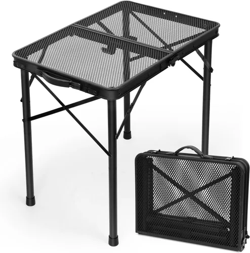 Miniatura 11 de Mesa plegable de 4 pies con escritorio de malla metálica, mesa de campamento con asa de transporte, altura ajustable (16.5 y 26 pulgadas), mesa al