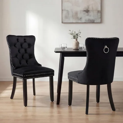Miniatura 31 de OVENTA Juego de 4 sillas de comedor modernas tapizadas copetudas, terciopelo negro y gris y cuero con patas de madera maciza, sillas de cocina