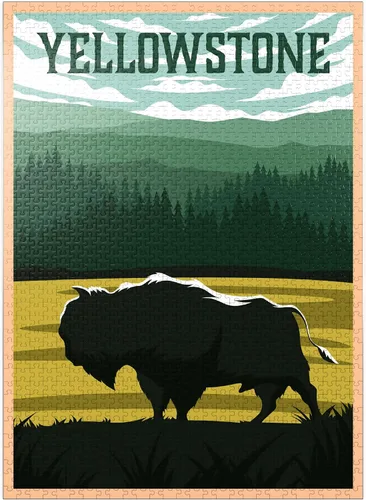 MyPuzzle Bisons in Yellowstone Parque Nacional Art Deco Estilo Vintage Poster Ilustración - Rompecabezas premium de 1000 piezas para adultos