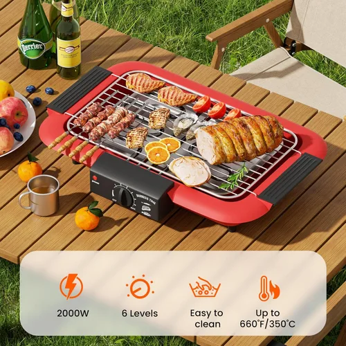 Miniatura 2 de Parrilla eléctrica para barbacoa, sin humo, antiadherente para interiores y exteriores, 2000 W, doble tubo de alta potencia, portátil, extraíble