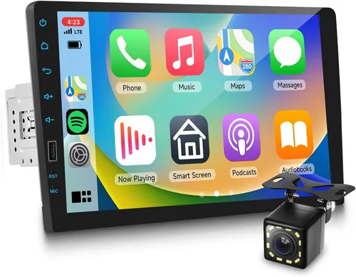 Estéreo inalámbrico de un solo DIN con CarPlay y Android Auto, pantalla táctil IPS de 23 cm, radio Bluetooth AM/FM de Upriding con cámara de