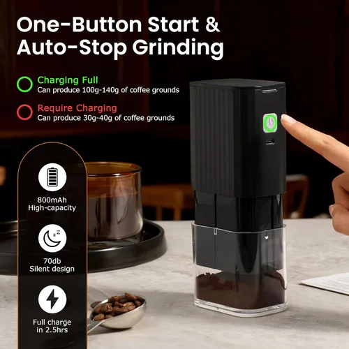 Miniatura 5 de VEVOK CHEF Molinillo de café eléctrico portátil, molinillo de grano de café cónica ajustable, molinillo de un botón con recargable por USB, parada