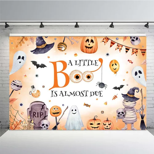 Miniatura 7 de MEHOFOND Telón de fondo de Halloween de 7 x 5 pies con texto en inglés "A Little Boo is Almost Due Pumpkin Photography Background Blue Watercolor